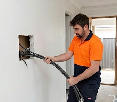 Electrician running new electrical cabling through a wall