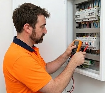 Electrician testing a switchboard and RCDs with a multimeter
